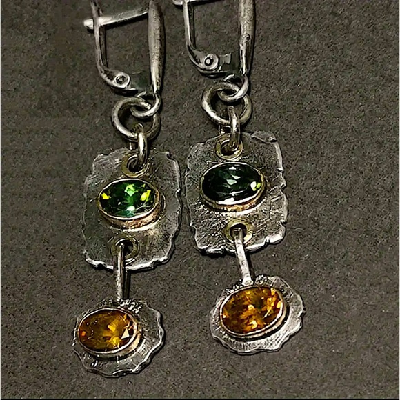 Silver Citrine Peridot Dangle Vintage Boho Earrings - Picture 4 of 5